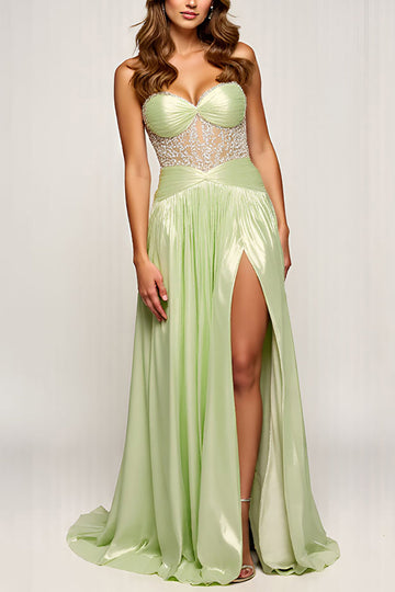 Sparkly Sage Sweetheart Robe longue de bal à paillettes avec fente